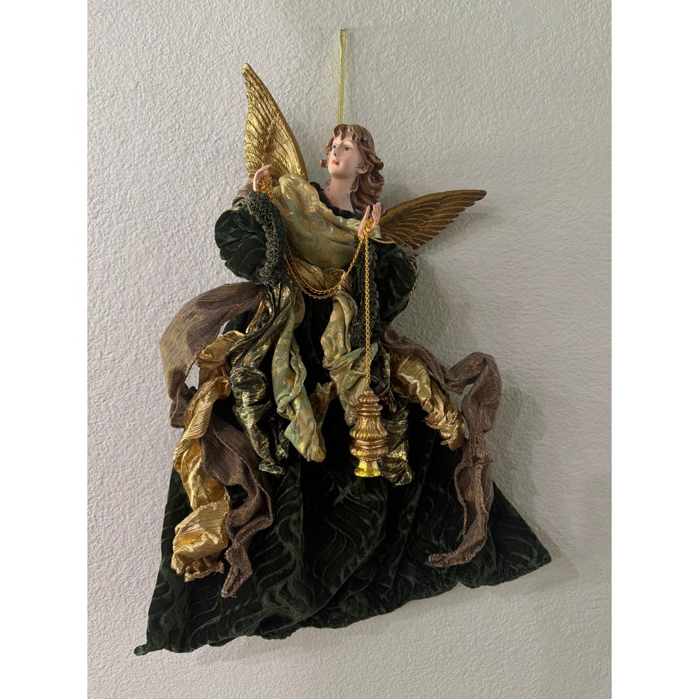 Vintage Christmas Angel Tree Topper Ornament Green Velvet Gold Wings 12 Inch